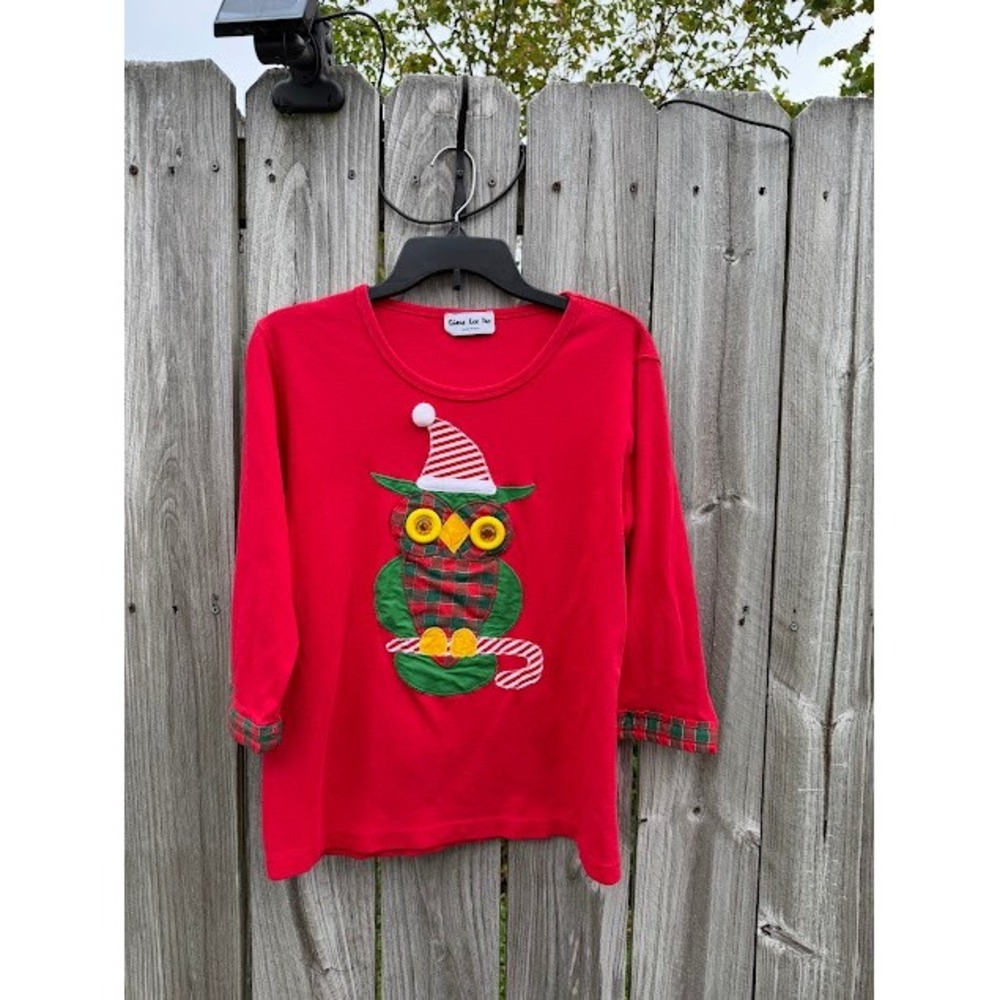Christmas Holiday Owl Shane Lee Inc Top Red Plaid Applique Festive Kitsch